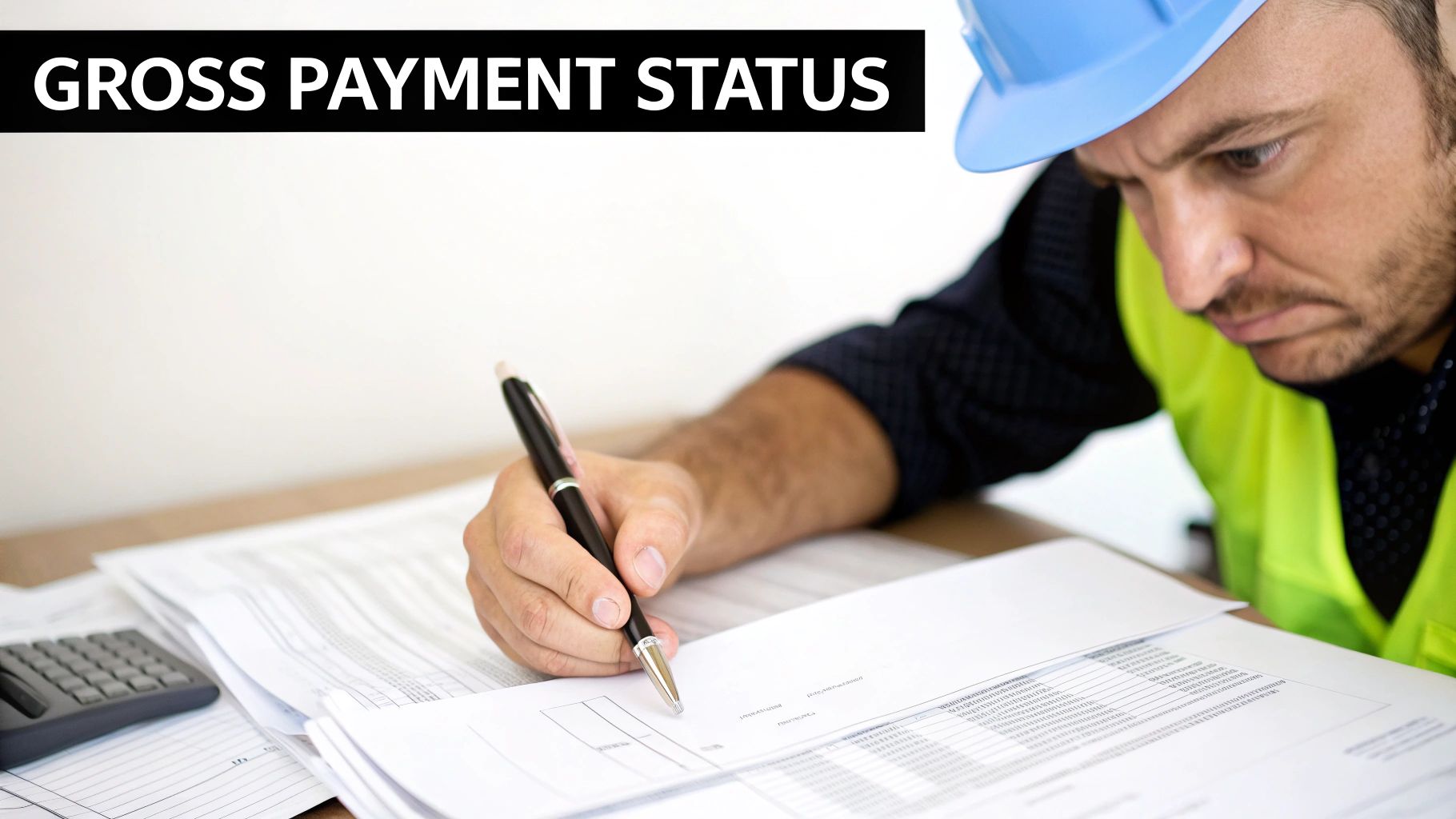 Construction worker in hard hat and vest reviewing gross payment status documents with a pen.