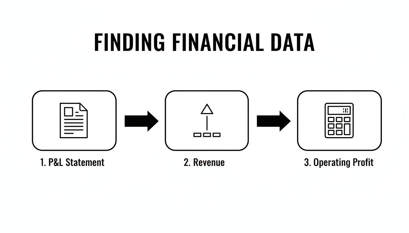 A flowchart showing the steps to find financial data: P&L Statement, Revenue, and Operating Profit.