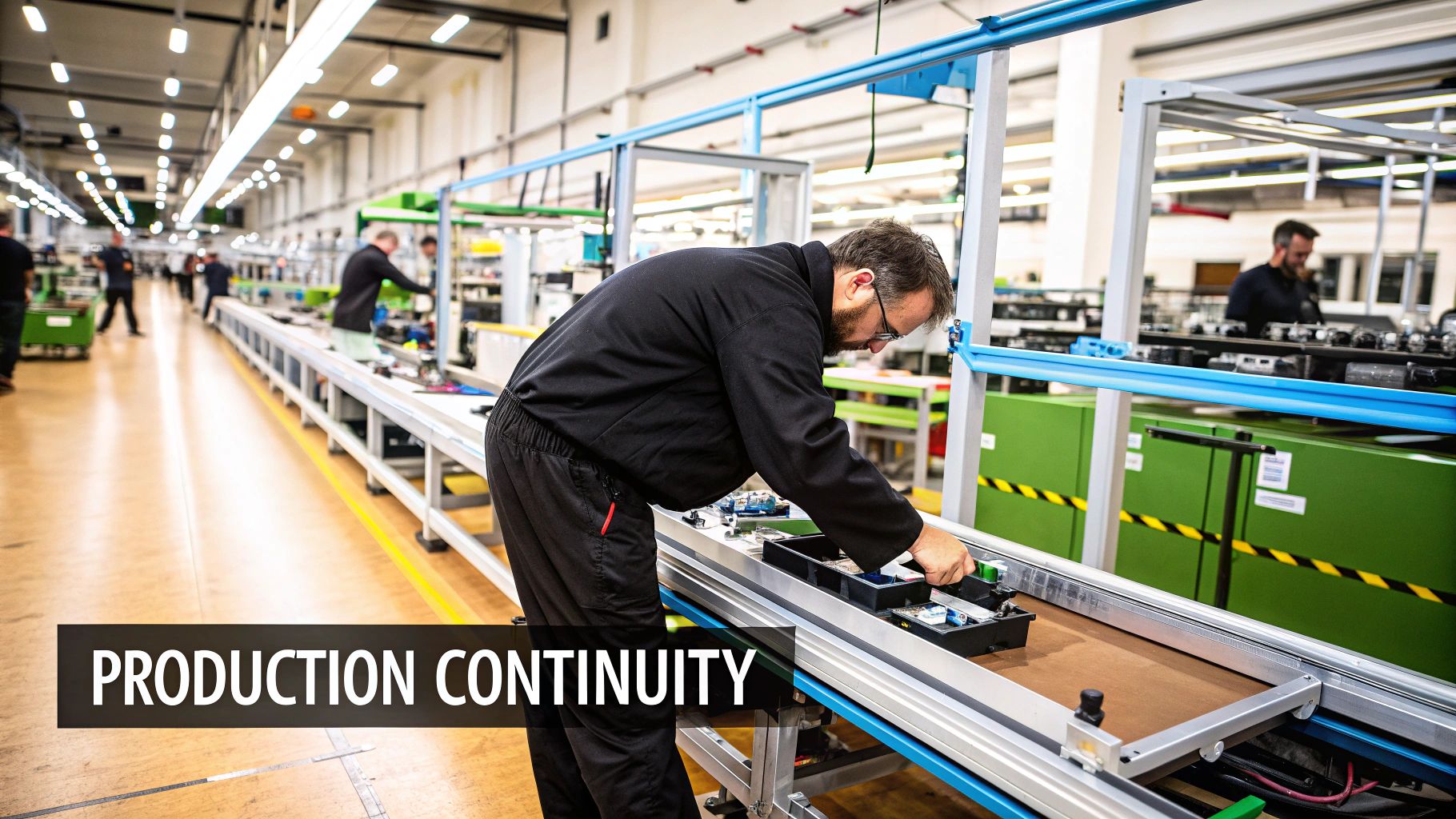 A male worker assembling parts on a conveyor belt in a busy factory, highlighting production continuity.