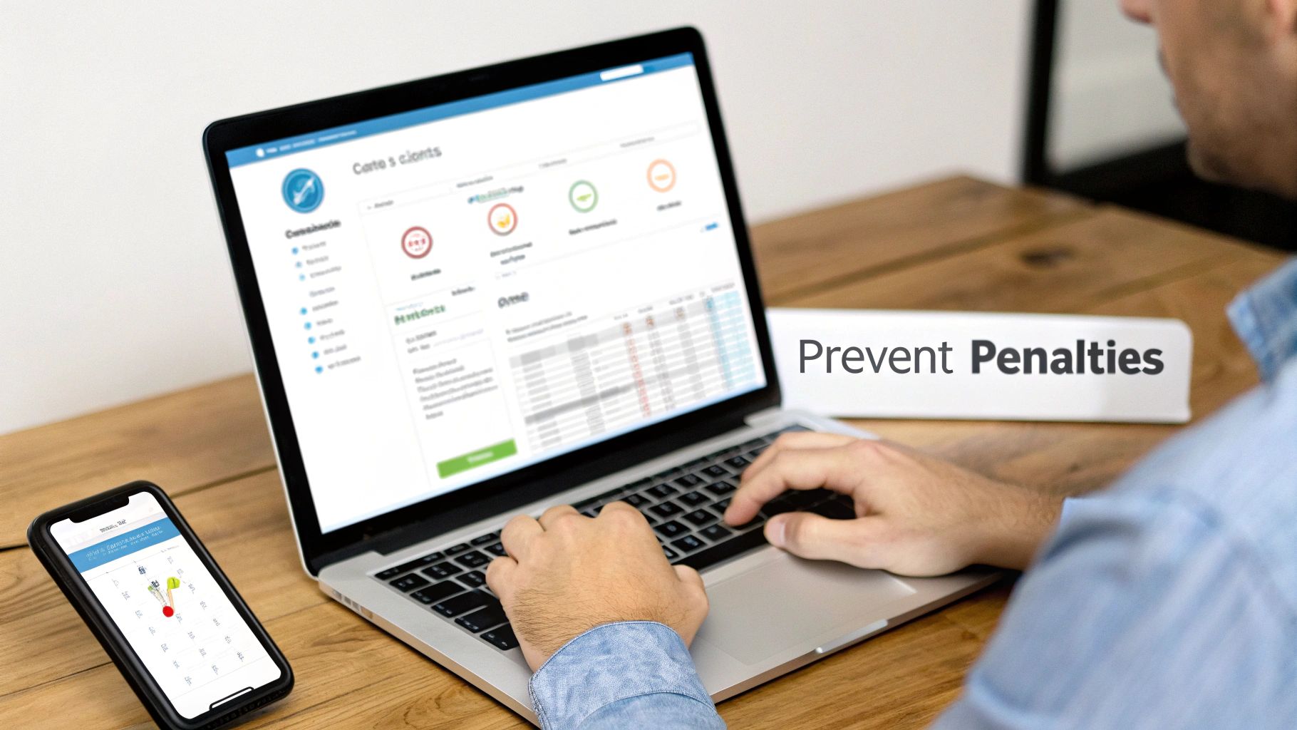 A man uses a laptop to manage client data, with a smartphone and a sign saying "Prevent Penalties".