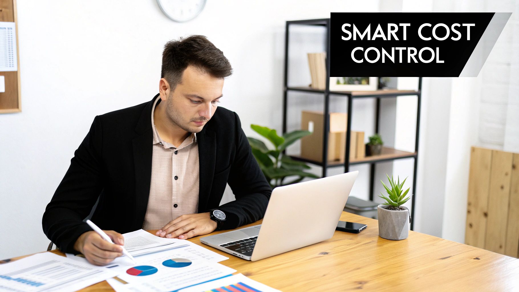 A man in a blazer analyzing financial charts and documents on a desk, related to cost control.