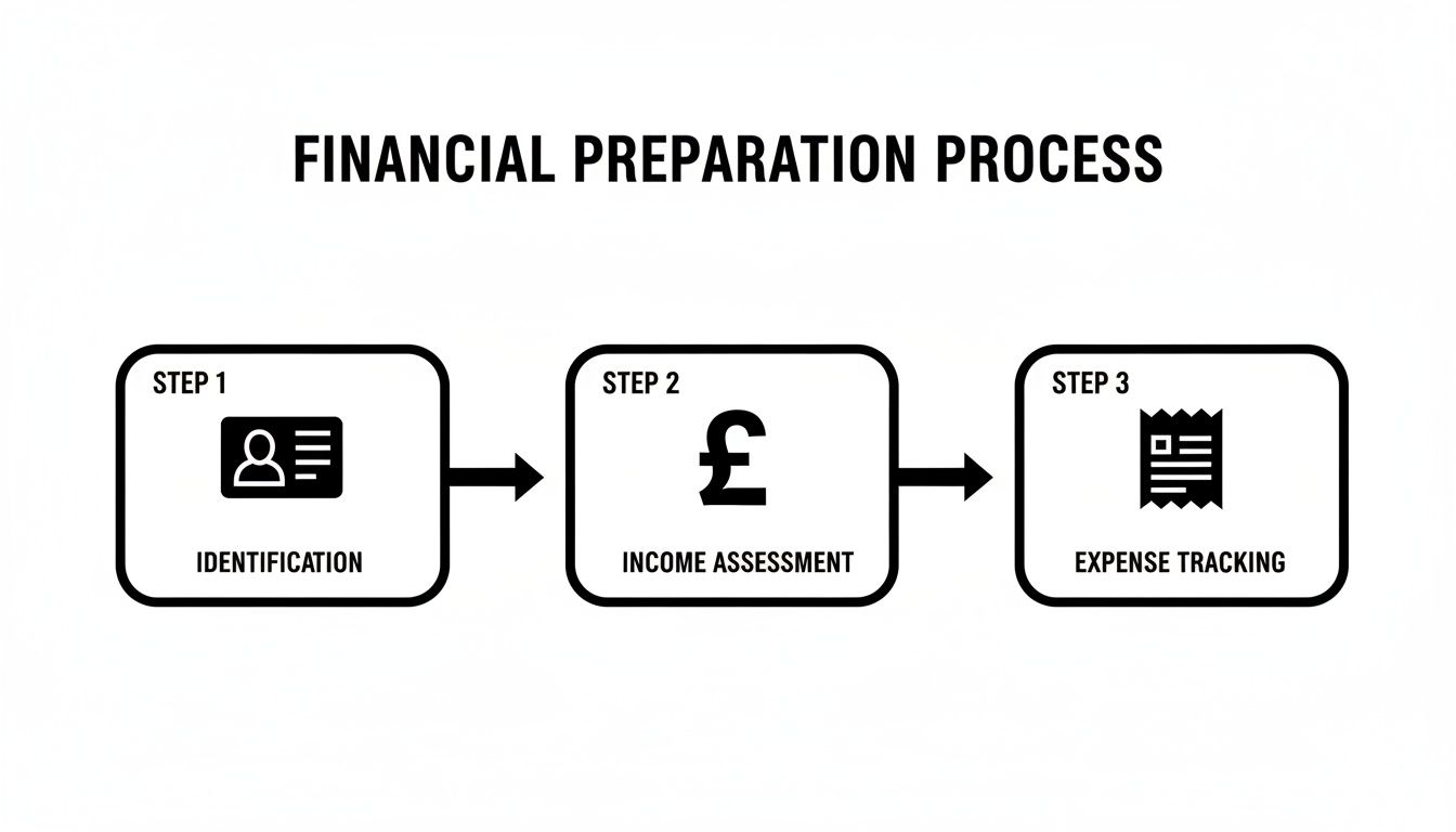 Three-step financial preparation process diagram showing identification, income assessment, and expense tracking.
