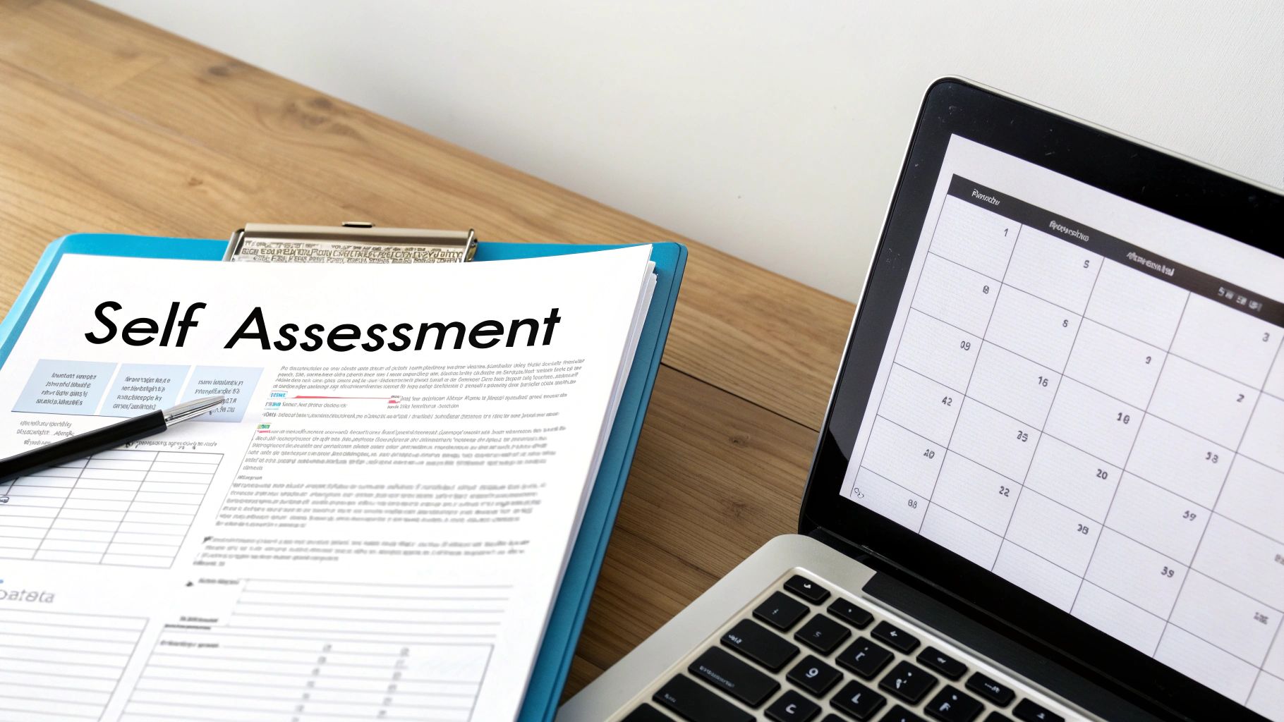 A document titled 'Self Assessment' on a clipboard with a pen, next to a laptop displaying a calendar, on a wooden desk.
