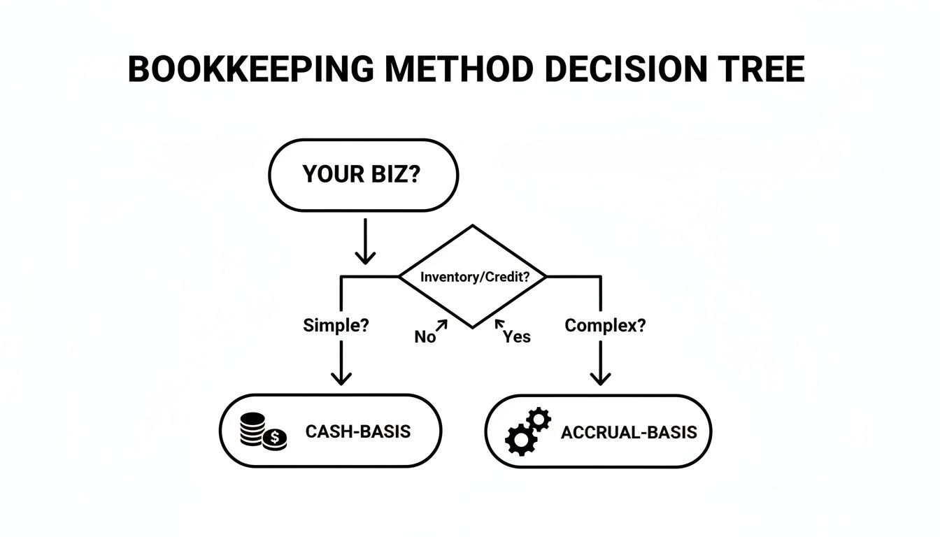 Flowchart illustrating a bookkeeping method decision tree, guiding businesses to choose between cash-basis and accrual-basis accounting.