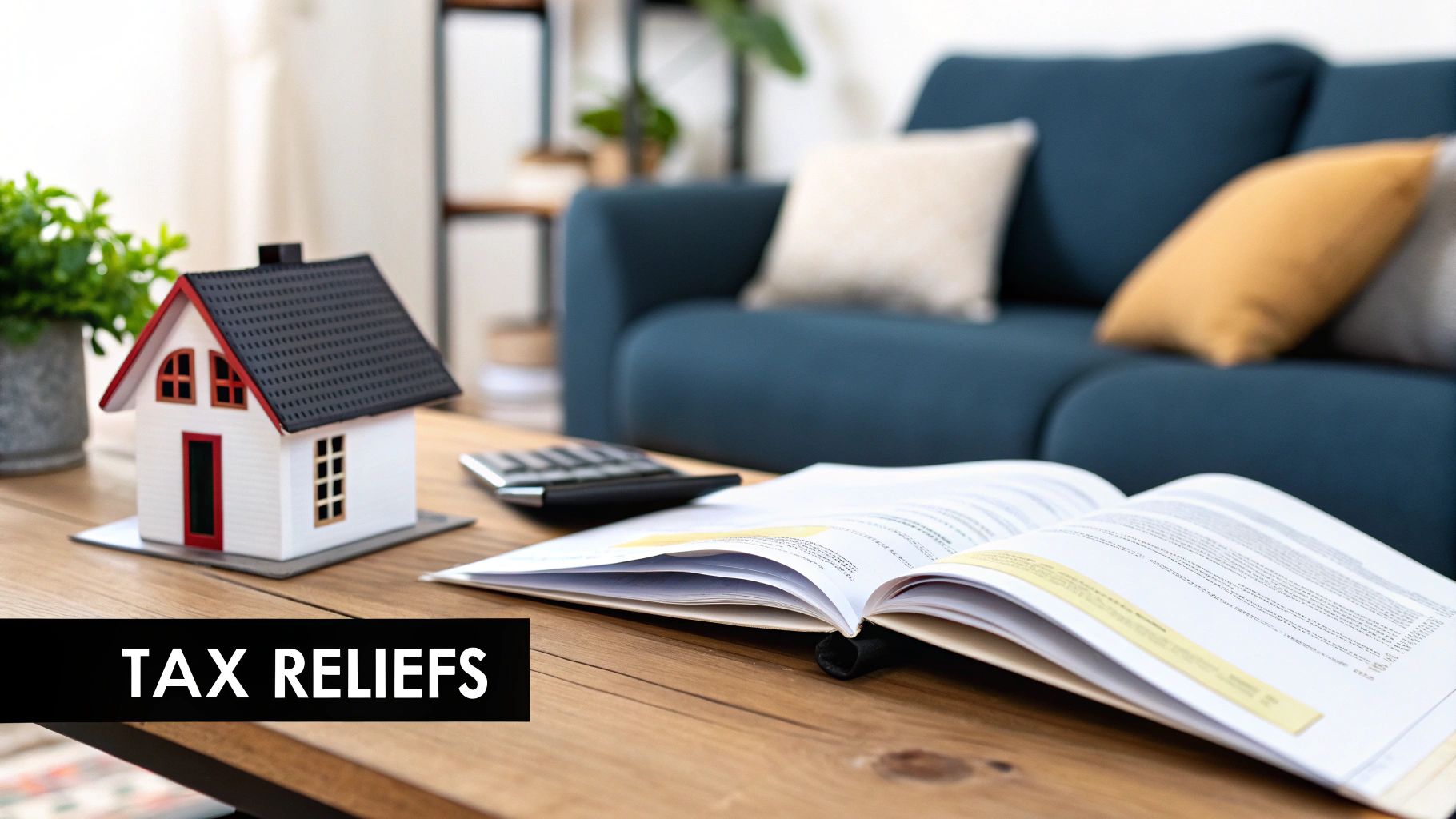A person using a calculator with documents and house keys on the desk, signifying tax planning for property.
