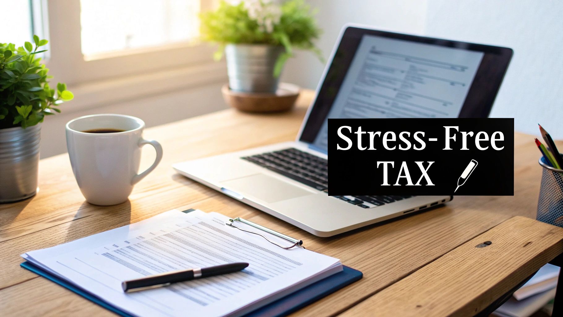 A desk with a laptop displaying tax forms, a coffee mug, and documents with 'Stress-Free TAX' text overlay.