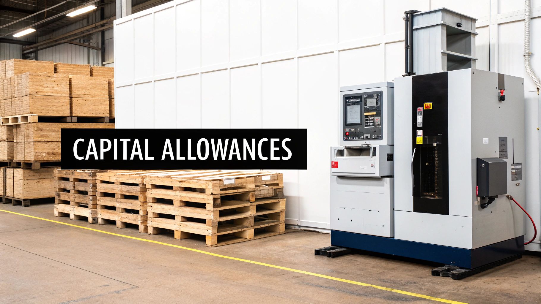 An industrial workshop featuring stacked pallets, plywood, and a large manufacturing machine with a 'CAPITAL ALLOWANCES' sign.