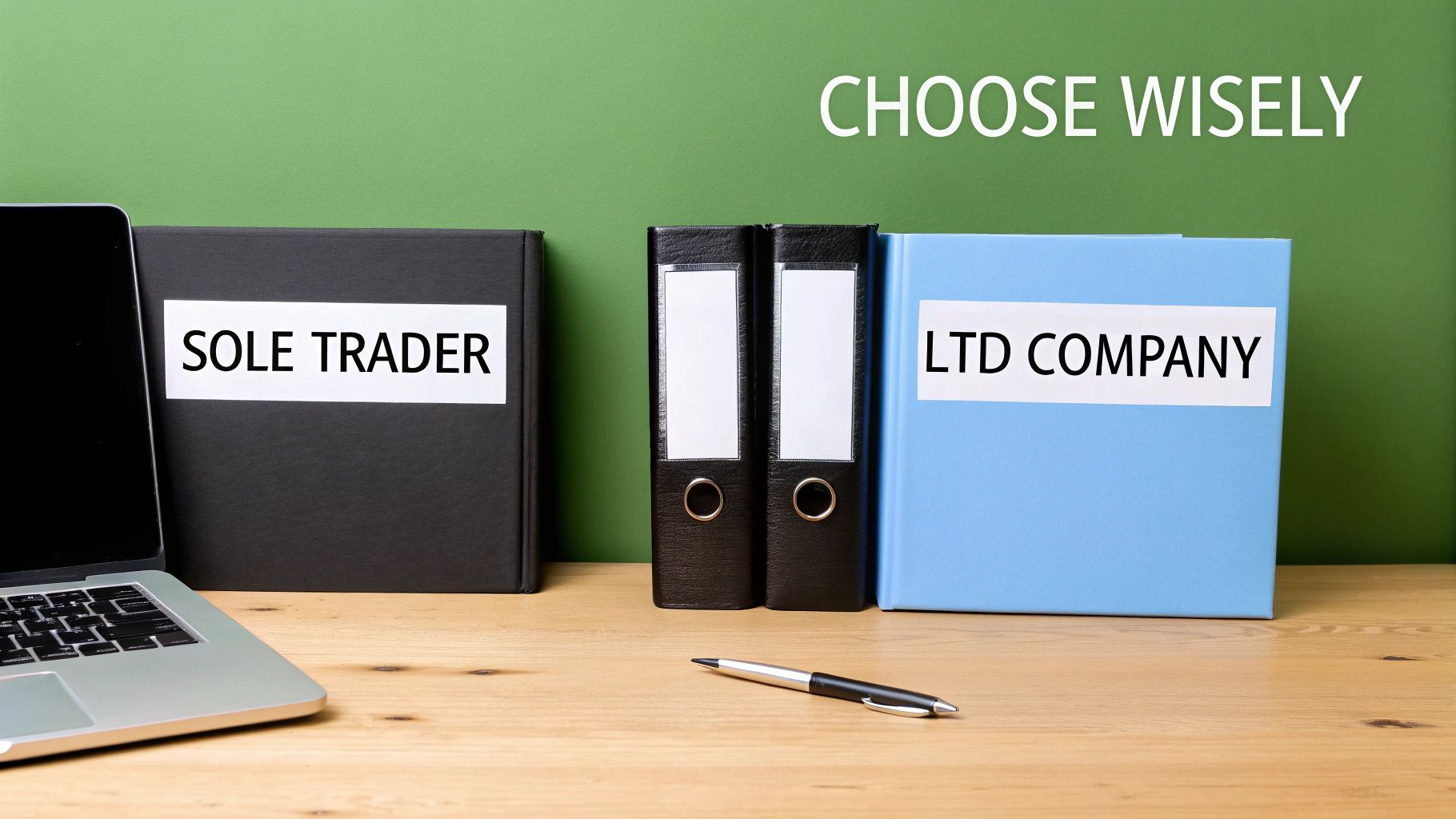 Office desk showing folders labeled sole trader and ltd company representing business structure choice