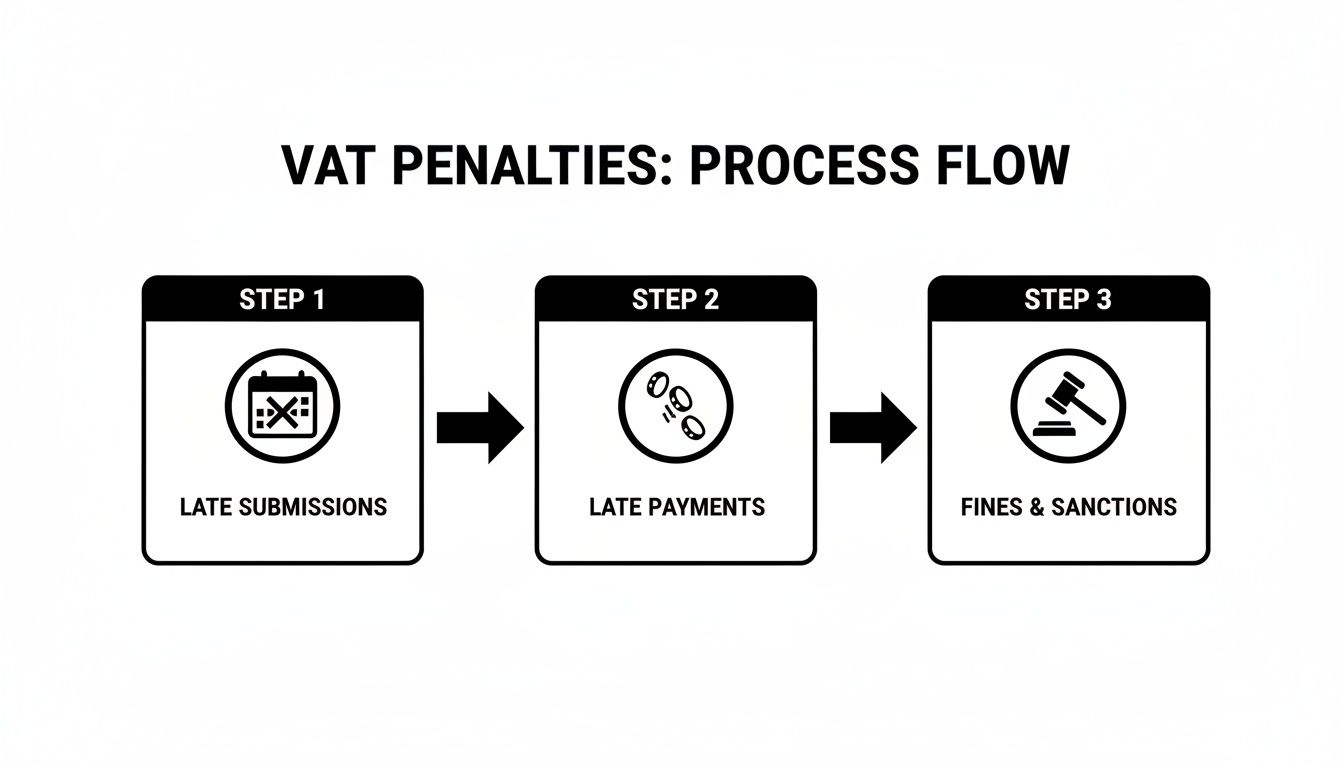 A process flow diagram illustrates VAT penalties, from late submissions to payments, leading to fines.