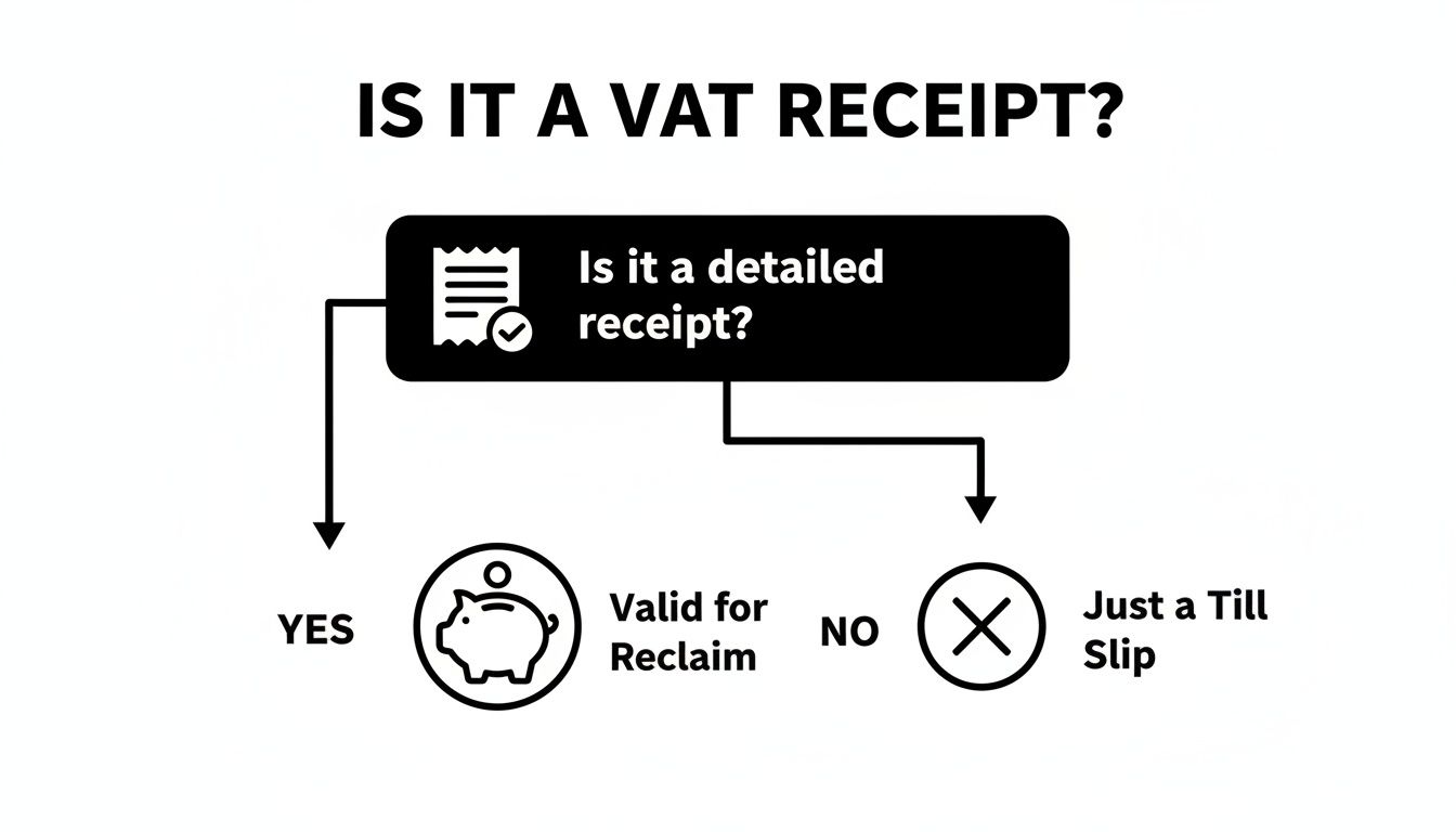 Flowchart explaining how to identify a VAT receipt, distinguishing between detailed receipts and till slips.