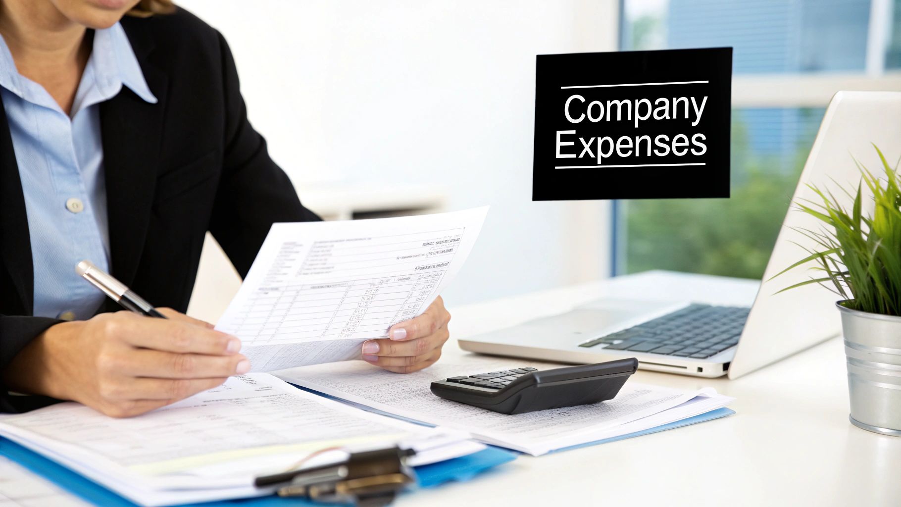 A desk with organised paperwork, a calculator, and a plant, representing meticulous financial management.
