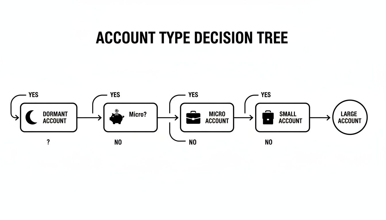 Decision tree diagram illustrating different account types: Dormant, Micro, Small, and Large accounts.