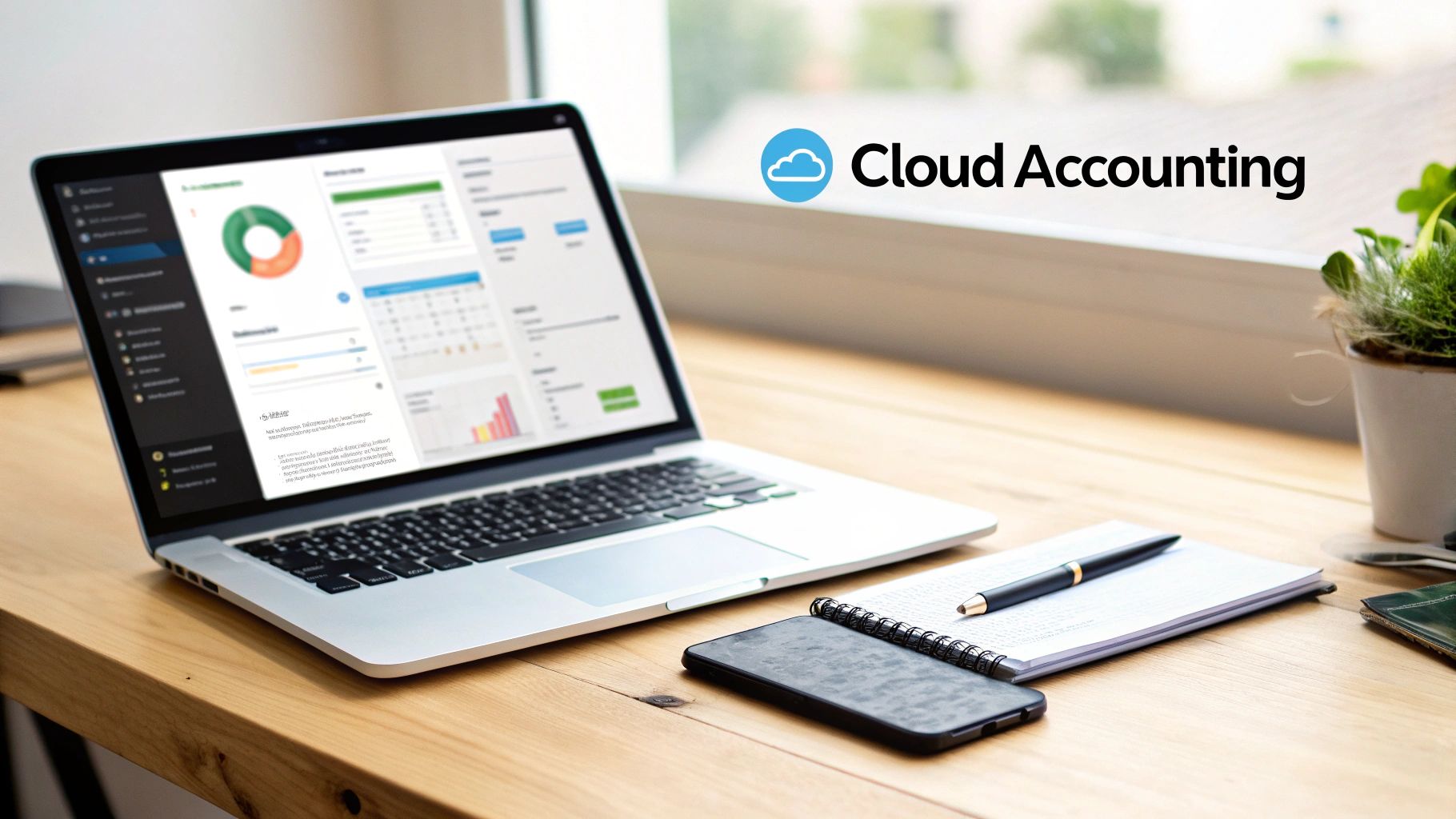 Laptop displaying cloud accounting software with financial data, charts, and graphs on a wooden desk.