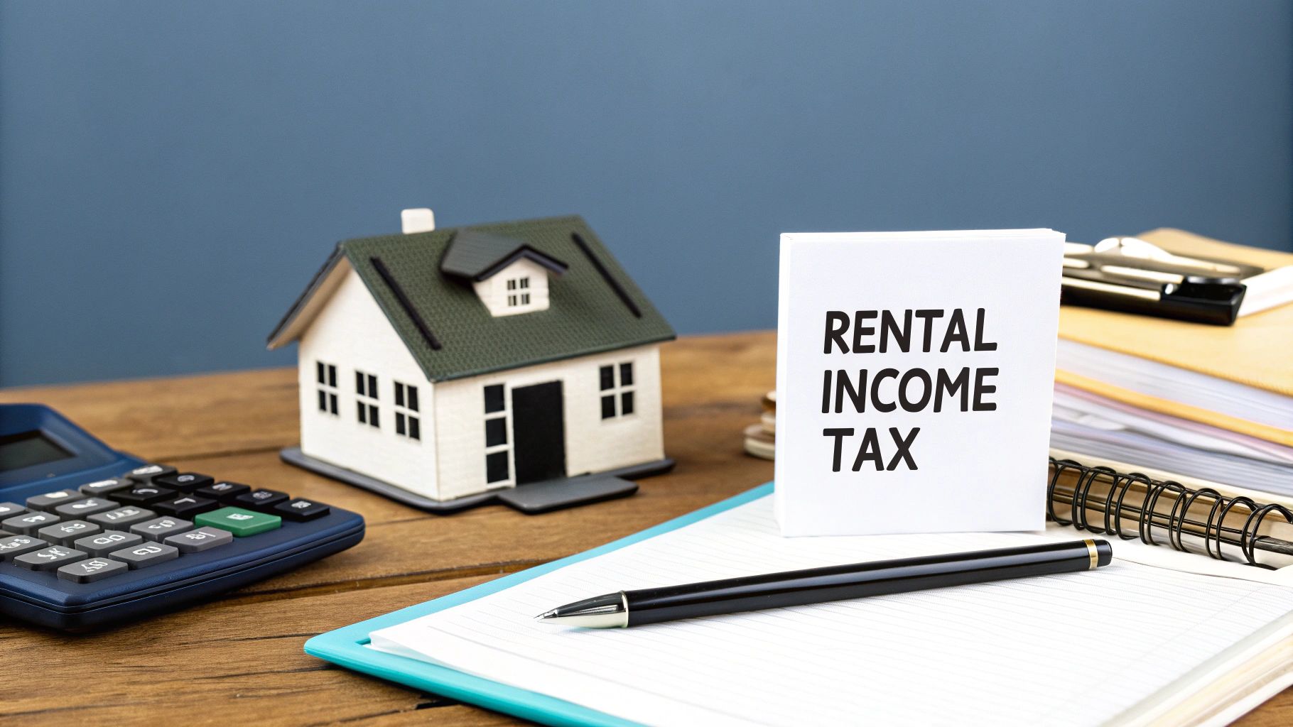 A miniature house, calculator, pen, and notebook with a sign displaying 'Rental Income Tax'.