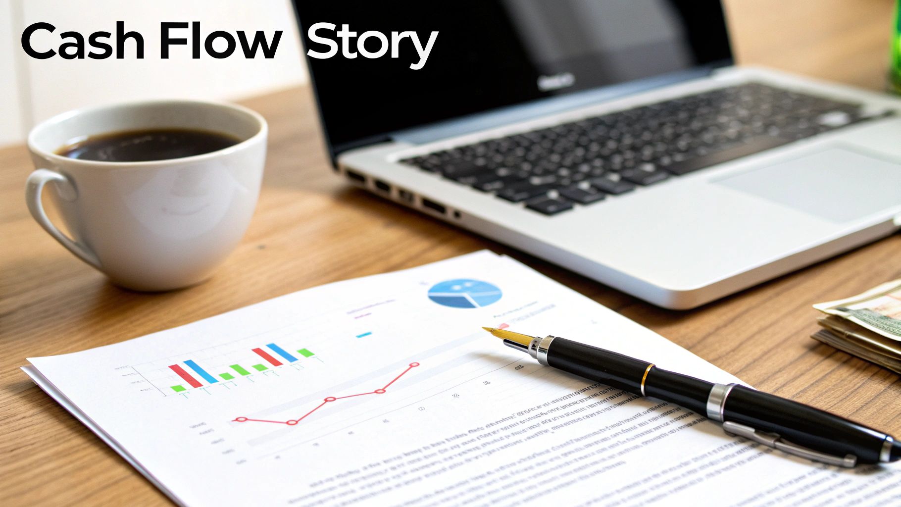 Cash flow story document with charts, a pen, laptop, and coffee on a wooden desk.