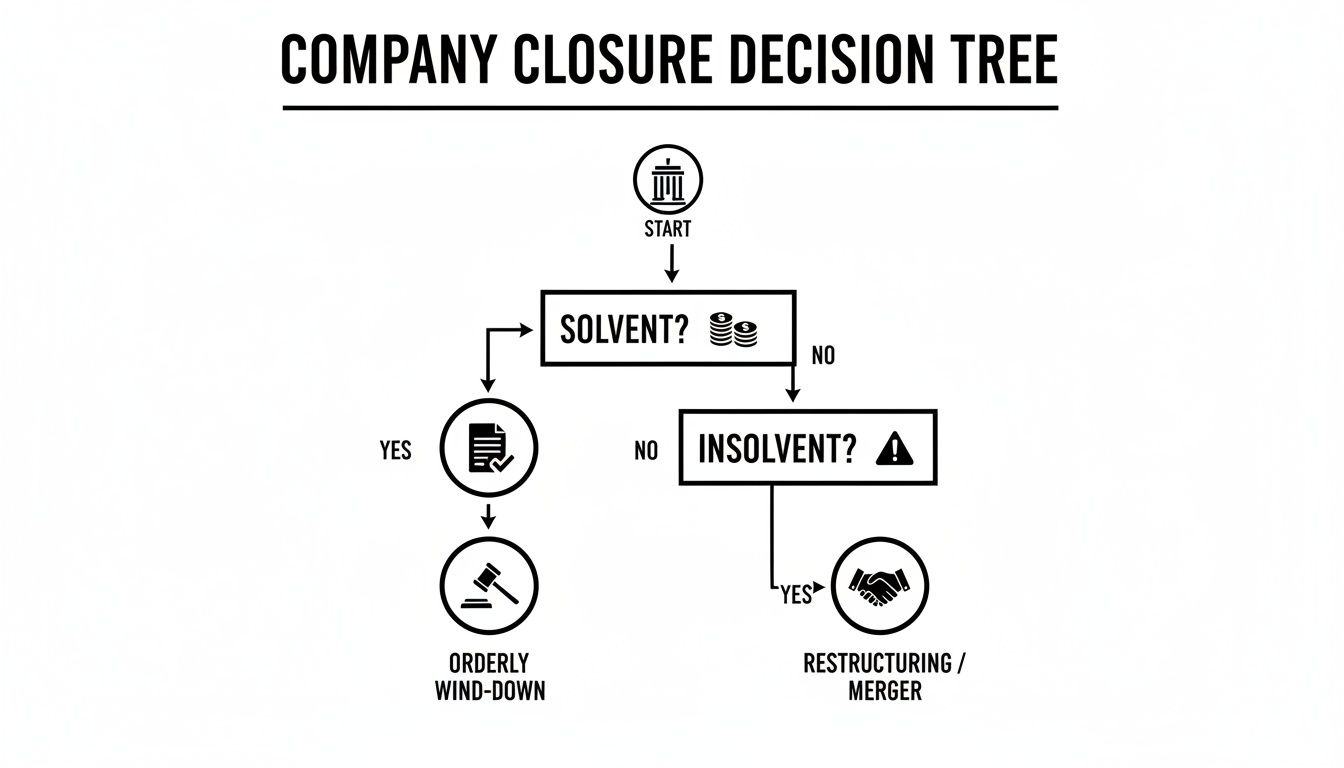 A company closure decision tree flow chart, guiding through solvent vs. insolvent options.