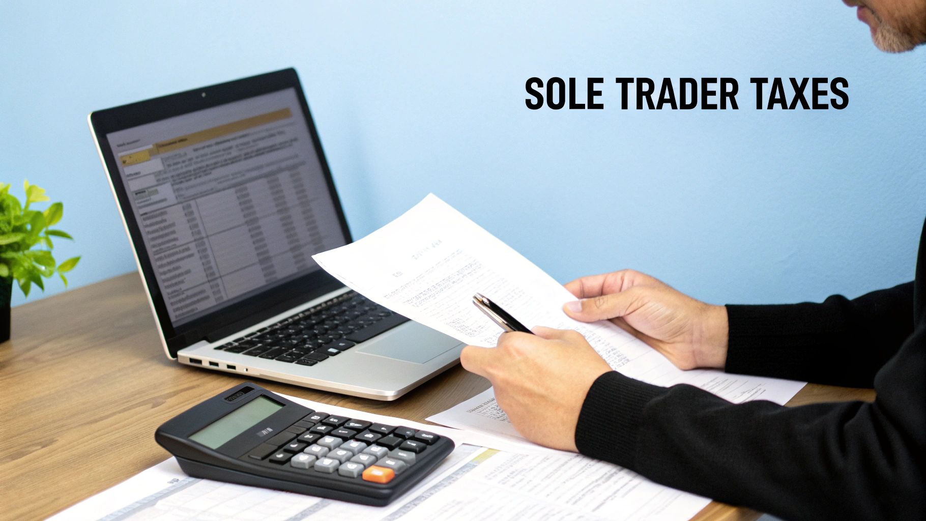 A person sitting at a desk with a laptop, calculator, and documents, reviewing their finances for a tax return.