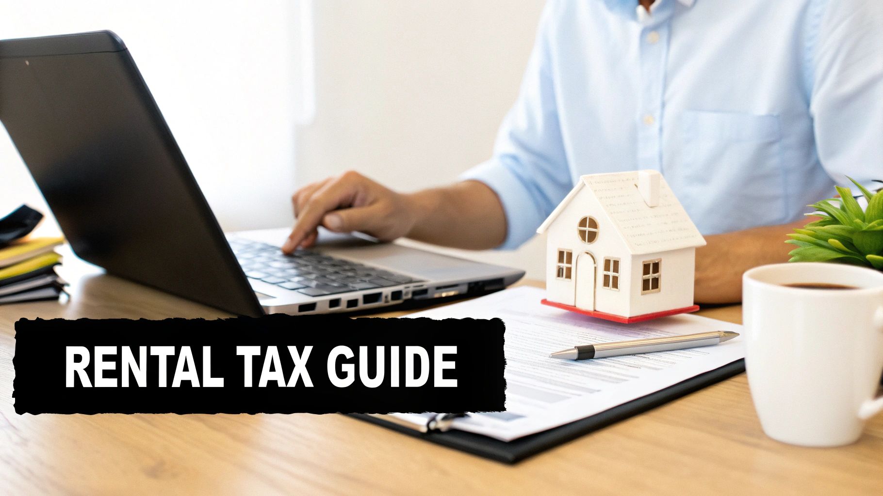 A person works on a laptop at a desk with a model house, documents, and a 'RENTAL TAX GUIDE' banner.