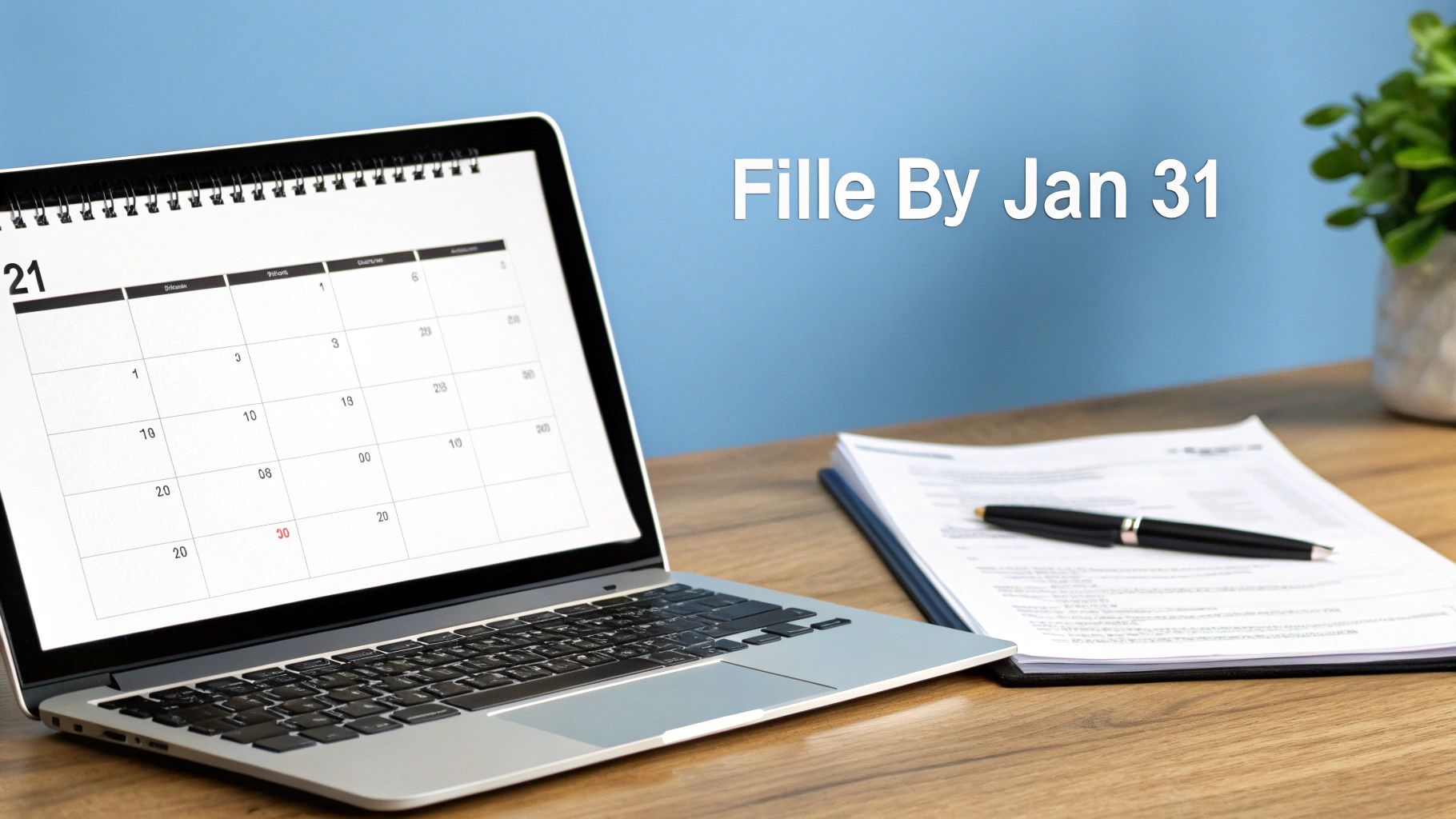 Laptop displaying calendar with January 31 deadline reminder and tax documents on wooden desk