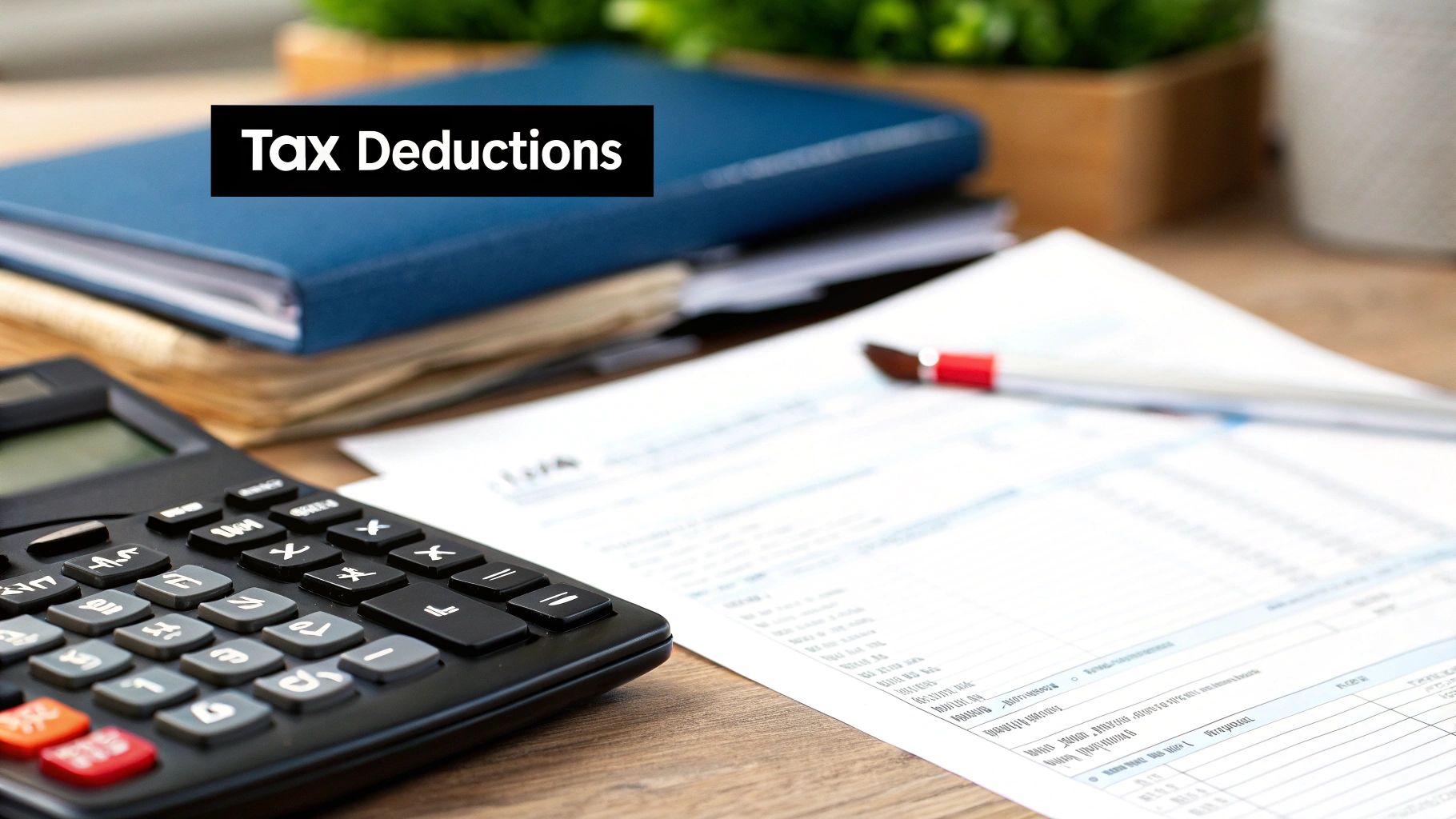 An organised desk with a laptop displaying financial charts, a calculator, and documents, illustrating the reporting process.