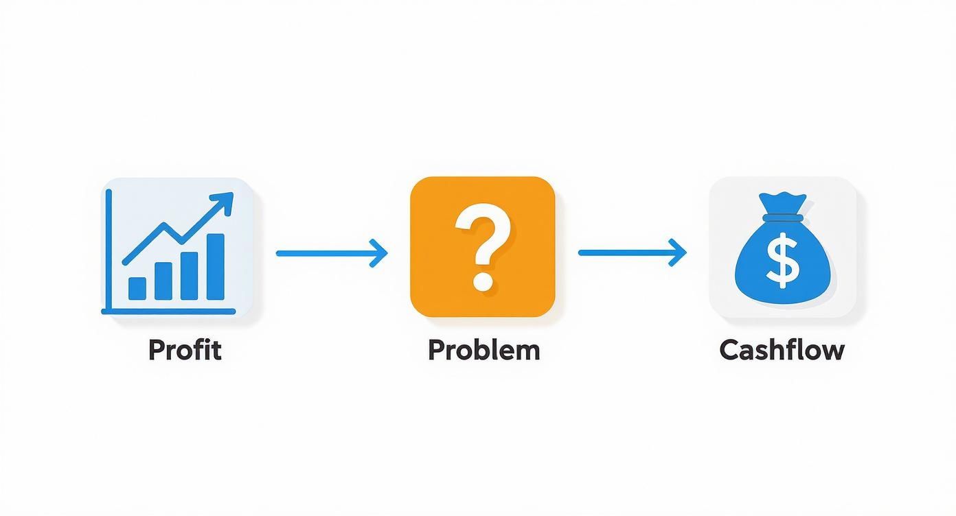 A flowchart illustrating the business concept of profit leading to a problem, which then impacts cashflow.