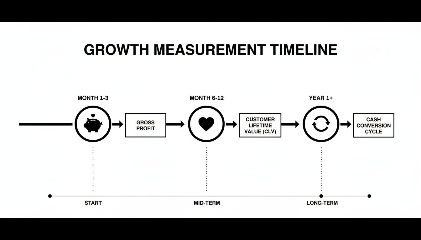 Growth measurement timeline infographic displays key business metrics: gross profit, customer lifetime value, and cash conversion cycle.