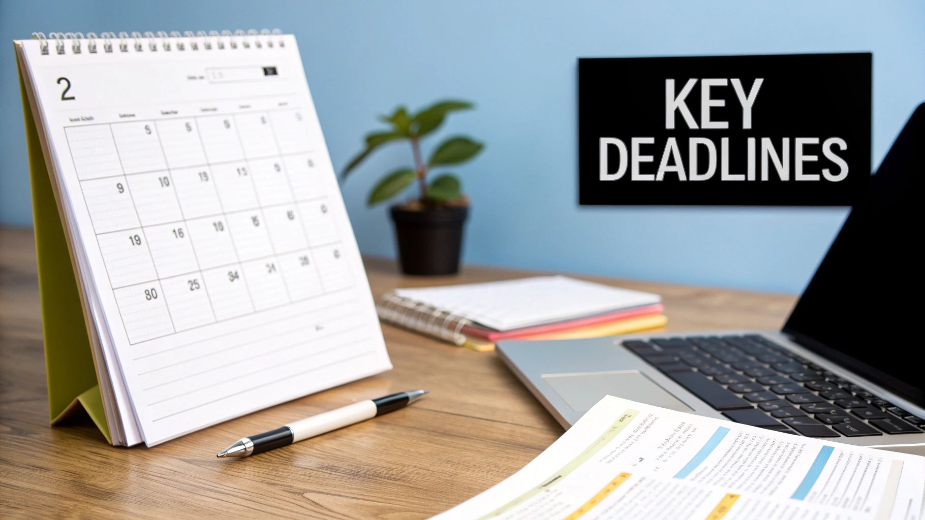 Desk setup with a calendar open to February, a laptop, and a 'KEY DEADLINES' sign on the wall.