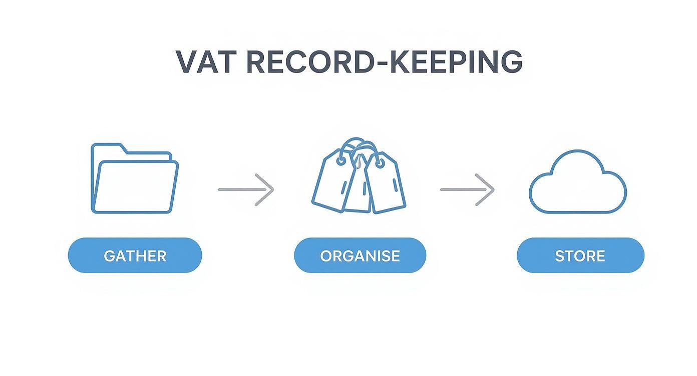 A visual guide to VAT record-keeping showing steps: gather, organise, and store documents in the cloud.