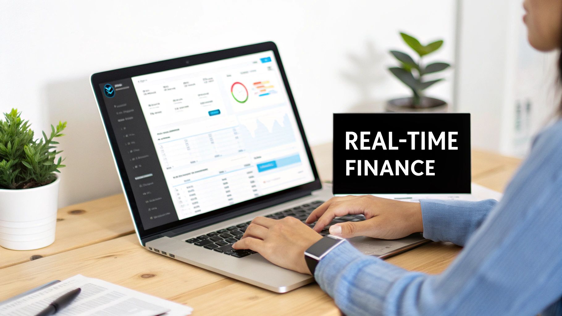 A person at a desk reviewing financial data on a laptop and tablet, representing modern cloud accounting.