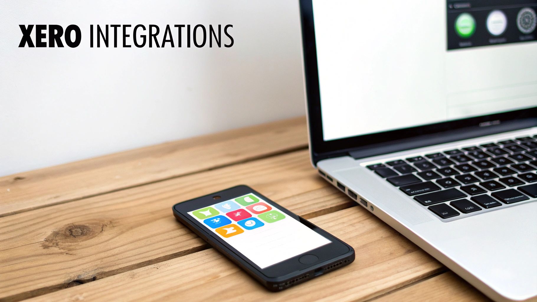 A smartphone displaying colorful app icons and a laptop on a wooden desk with 'Xero Integrations' text.