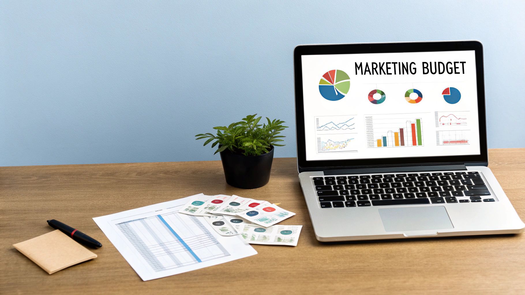 A digital marketing dashboard on a laptop screen showing analytics and campaign performance