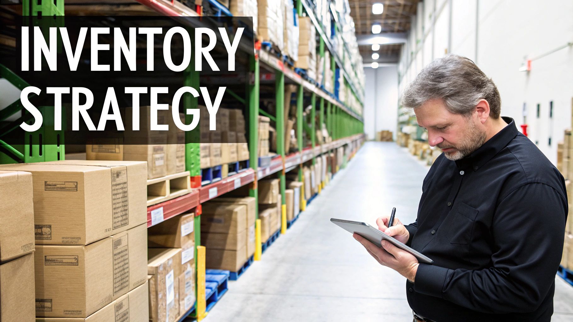 A man in a warehouse takes inventory, documenting stock on a tablet, illustrating inventory strategy.