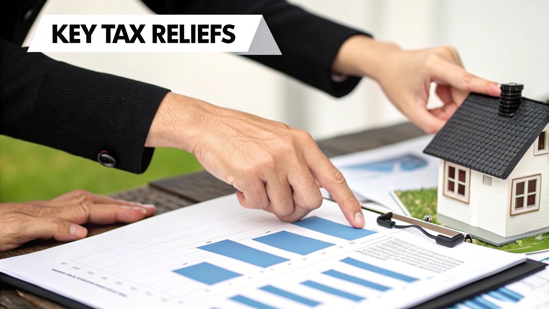 Two people reviewing financial documents with a model house, discussing key tax reliefs.