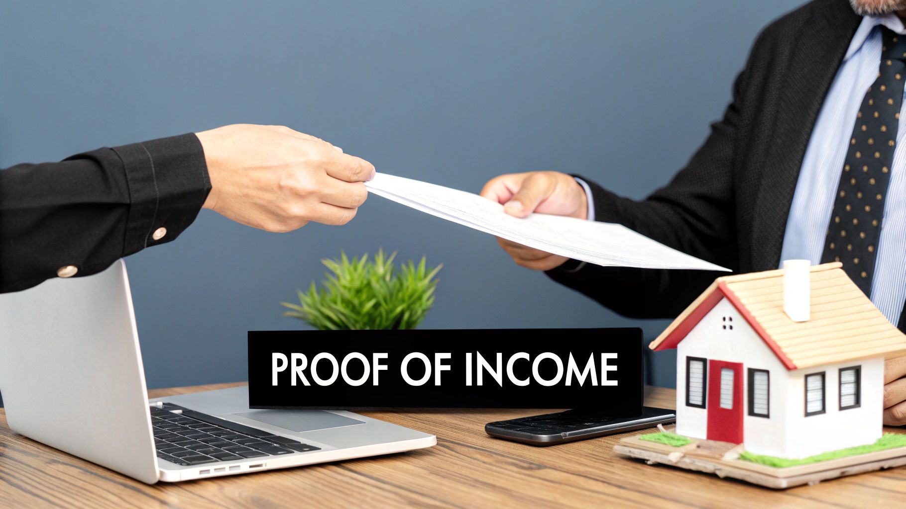 Hands exchanging 'proof of income' documents next to a model house and laptop on a desk.