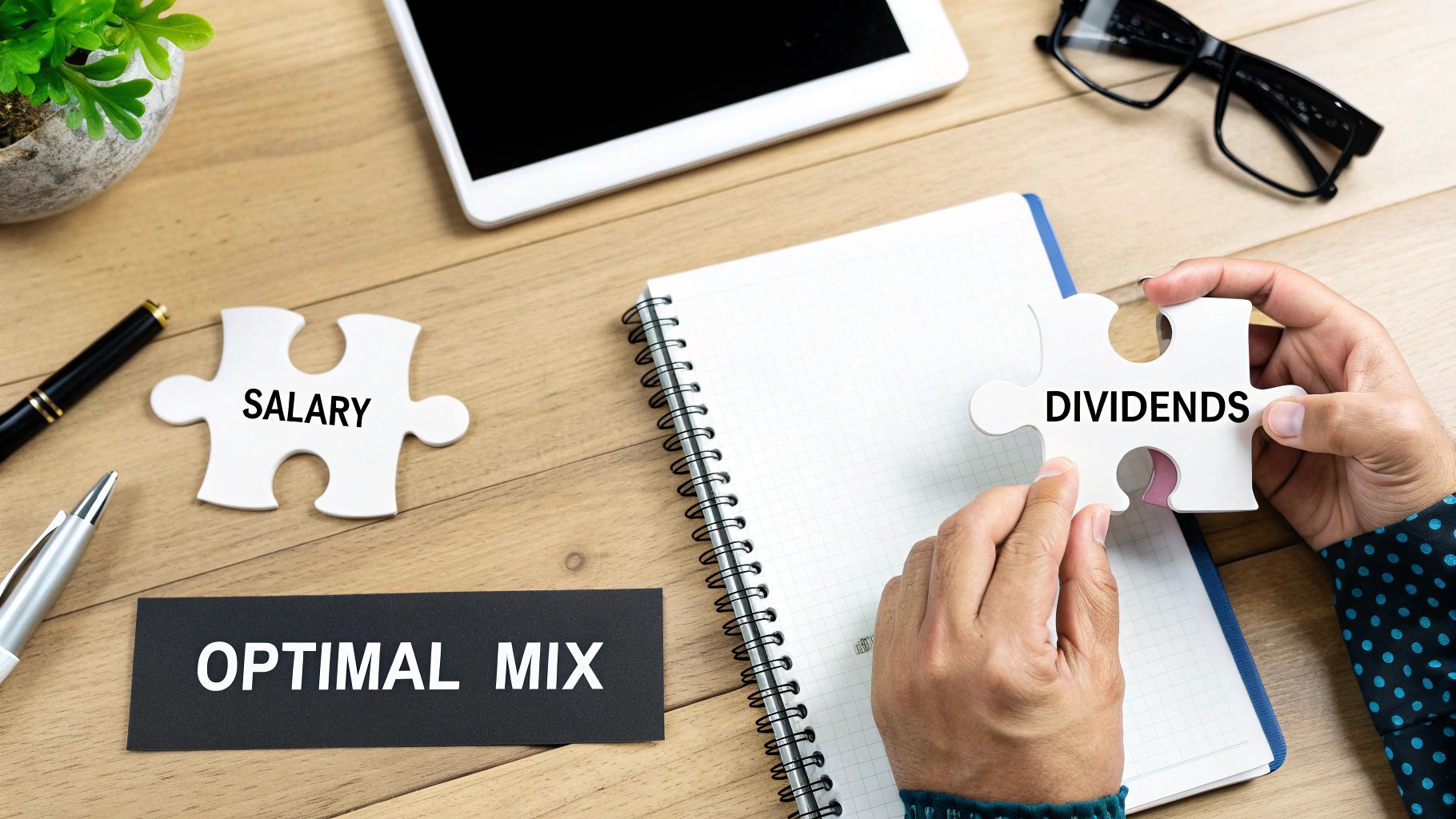 A chart showing a balanced scale with salary on one side and dividends on the other, representing an optimal remuneration strategy