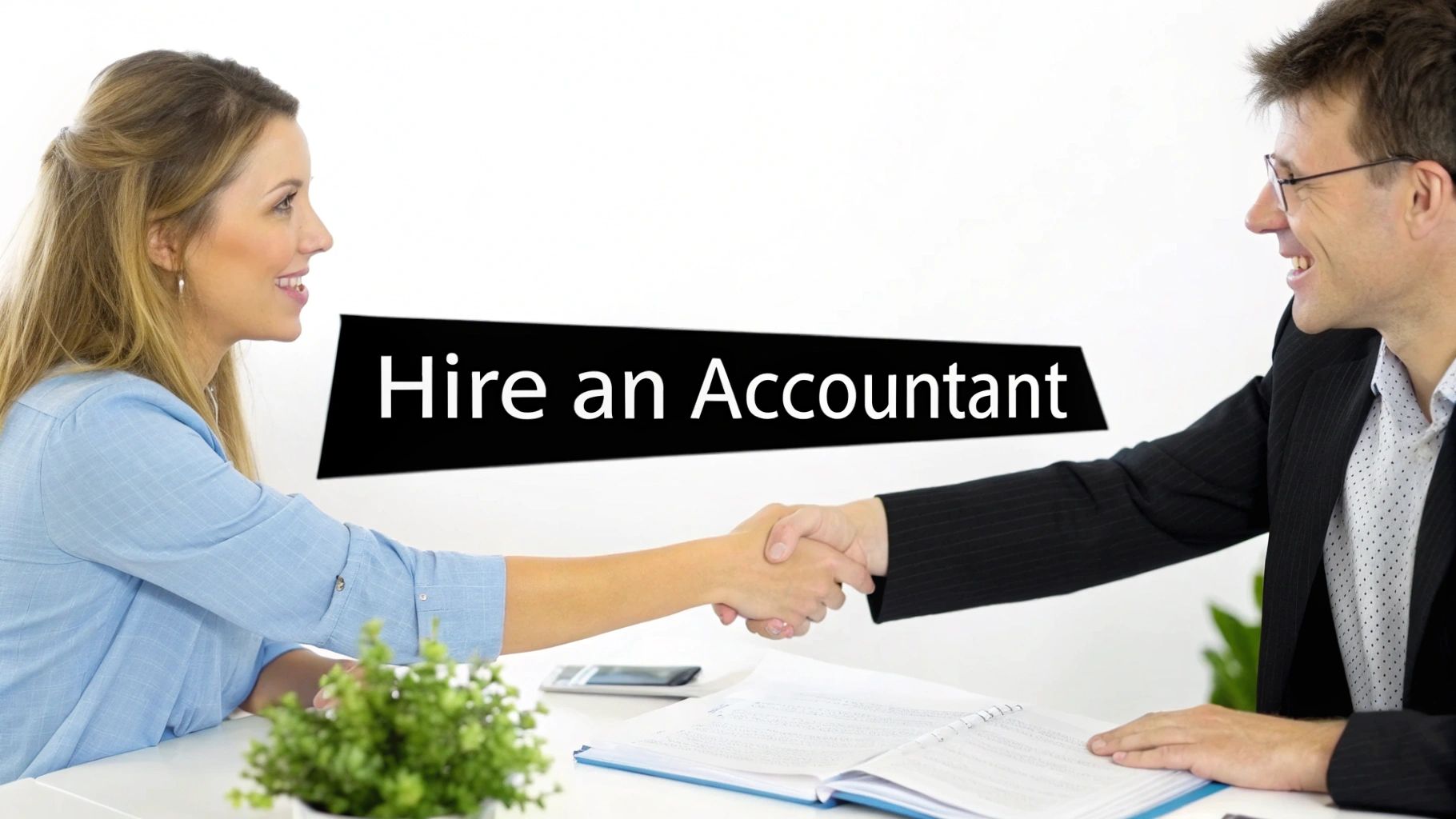 Two smiling professionals, a woman and a man, shake hands under a 'Hire an Accountant' banner.