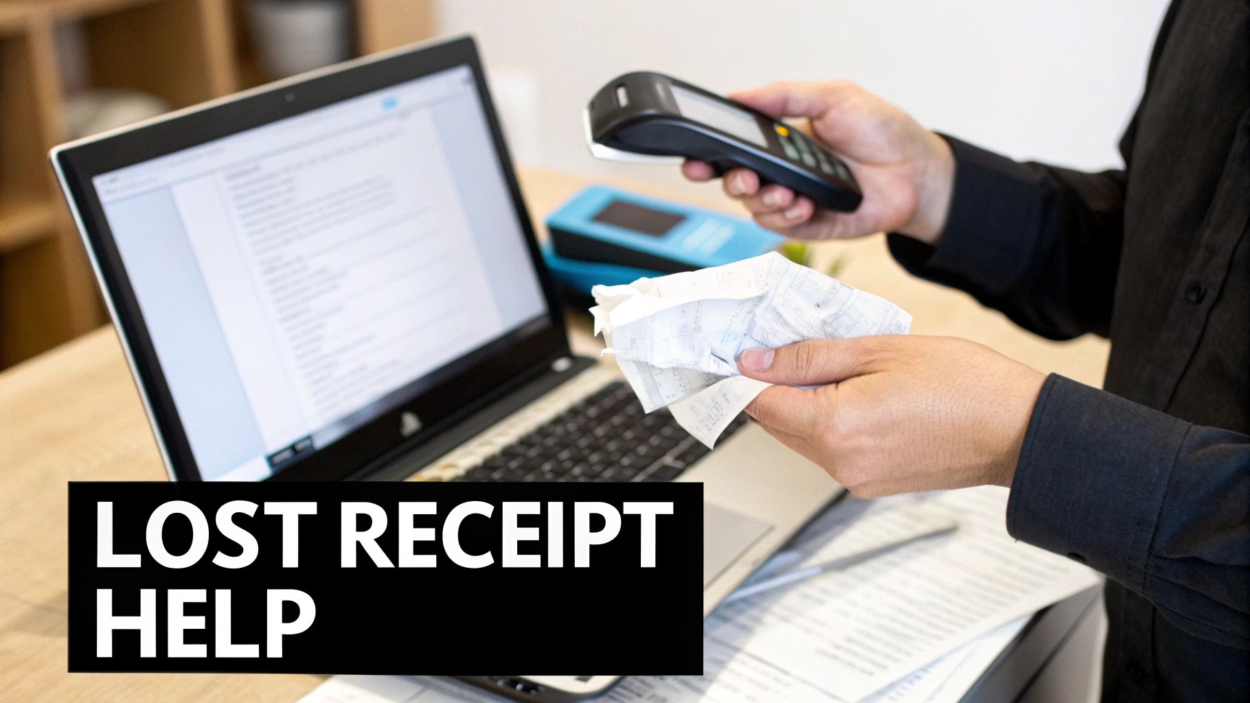 A person holds a crumpled receipt and a payment terminal while viewing a laptop, with 'LOST RECEIPT HELP' text.