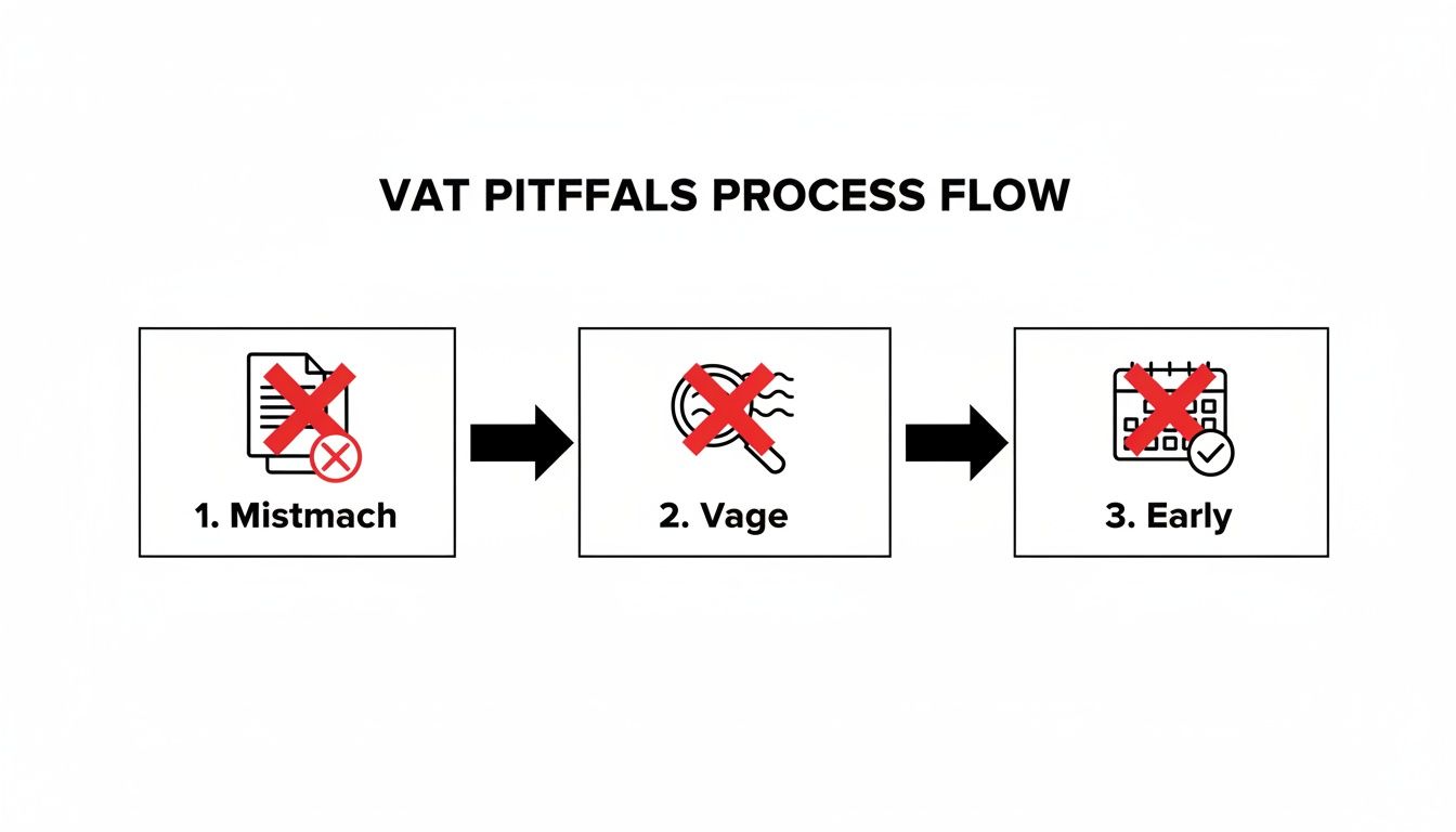Flowchart illustrating common VAT pitfalls: Mismatch, Vague, and Early issues with corresponding icons.