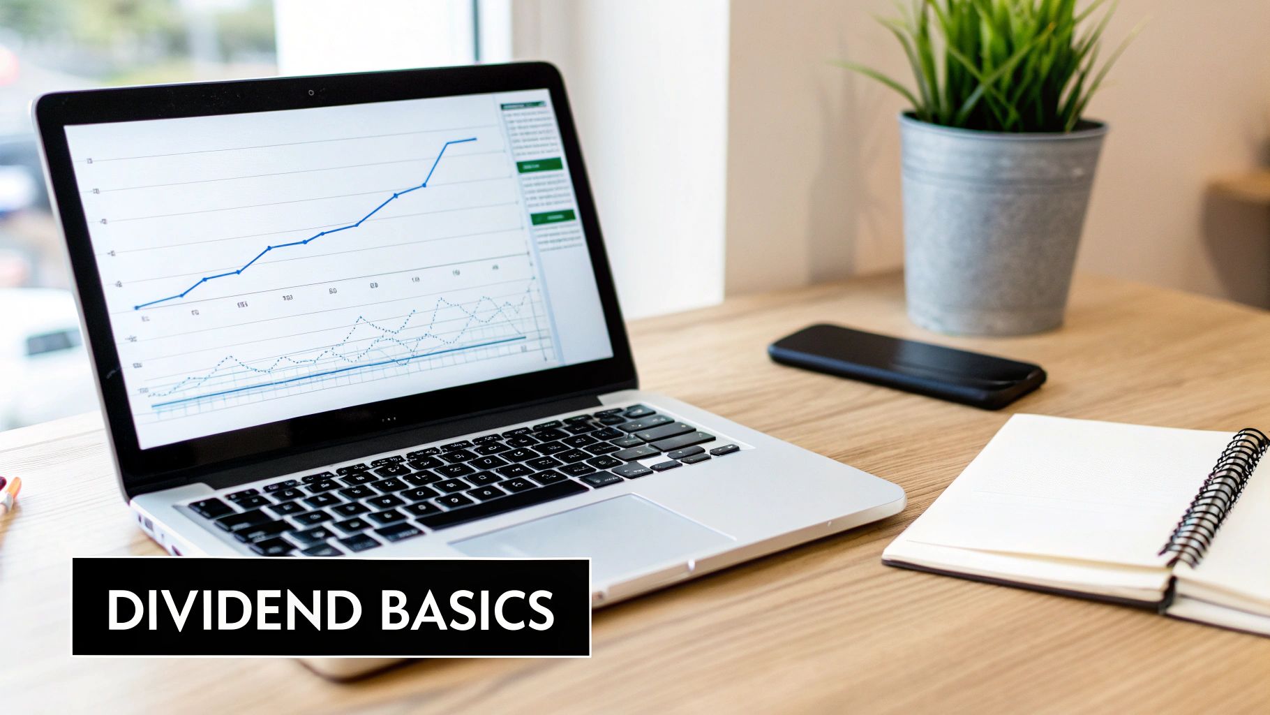 A laptop displaying financial charts and a 'DIVIDEND BASICS' title on a wooden desk with a notebook and smartphone.