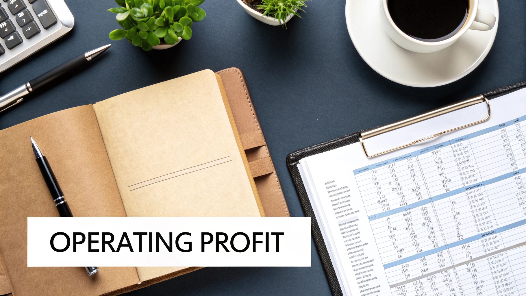 Overhead view of an office desk with 'OPERATING PROFIT' text, financial documents, coffee, and a notebook.