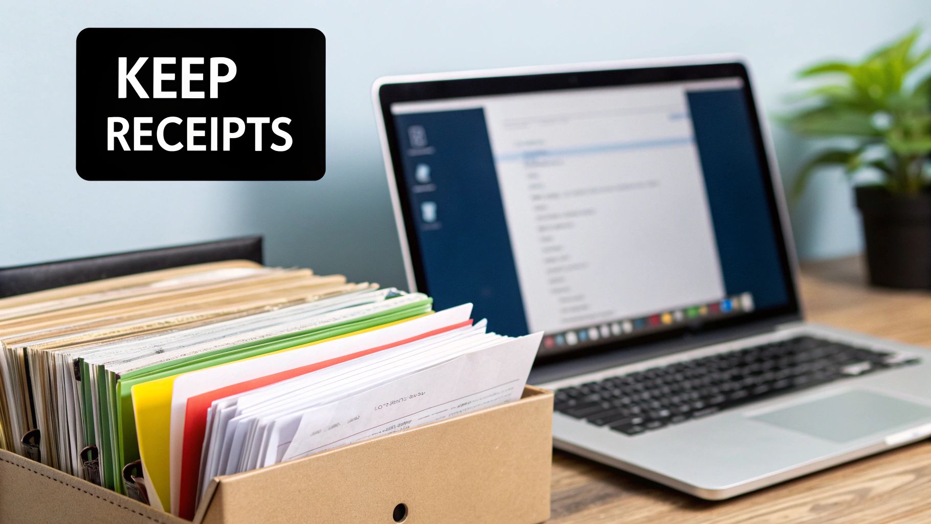 A black sign reading 'KEEP RECEIPTS' is prominently displayed next to a box of paper documents and a laptop on a wooden desk.