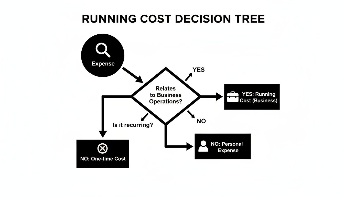 A running cost decision tree flowchart evaluating an expense as business operations, recurring, one-time, or personal.