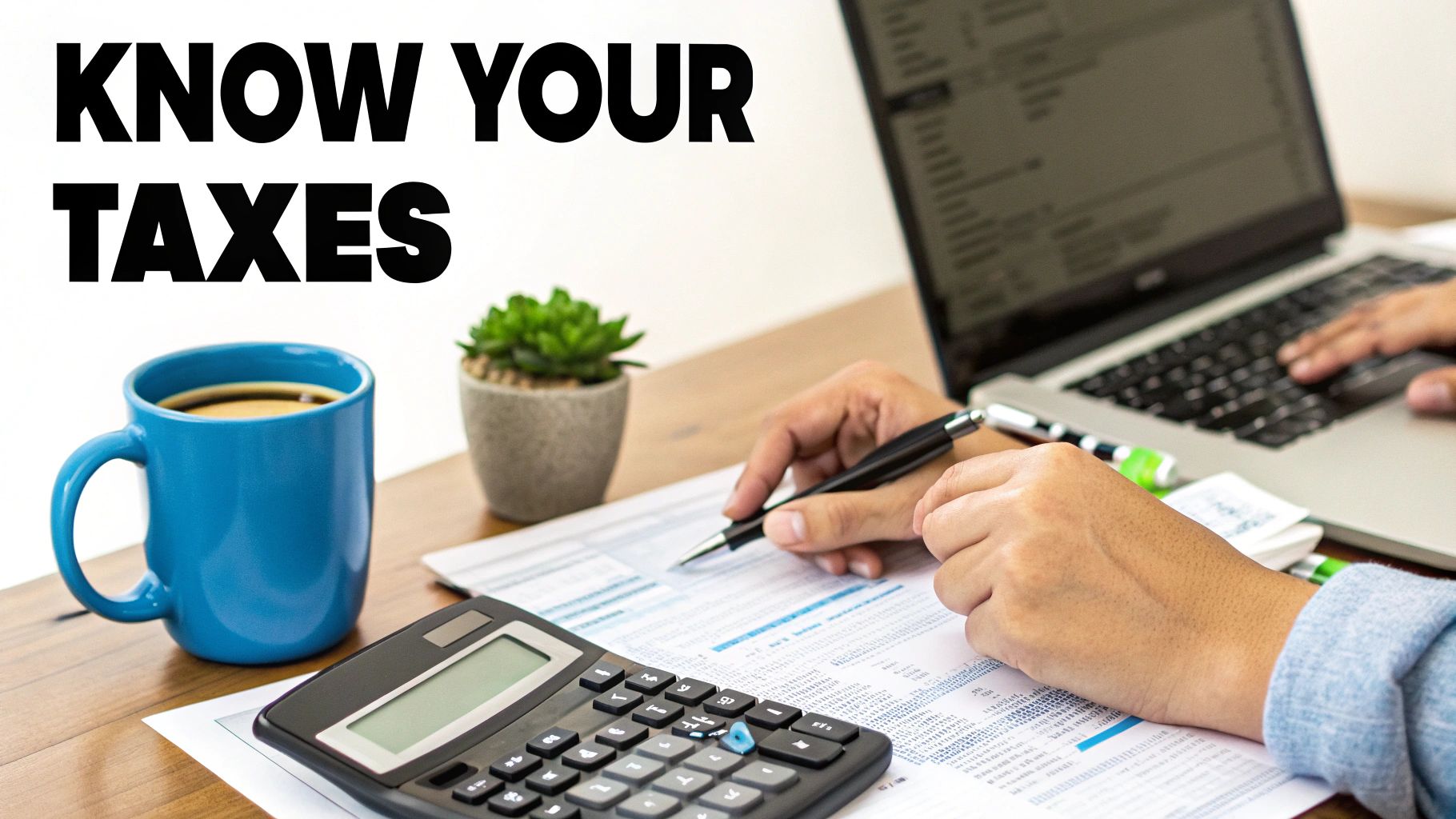 A person calculating taxes, working on a laptop, with documents, a calculator, and coffee on a desk.