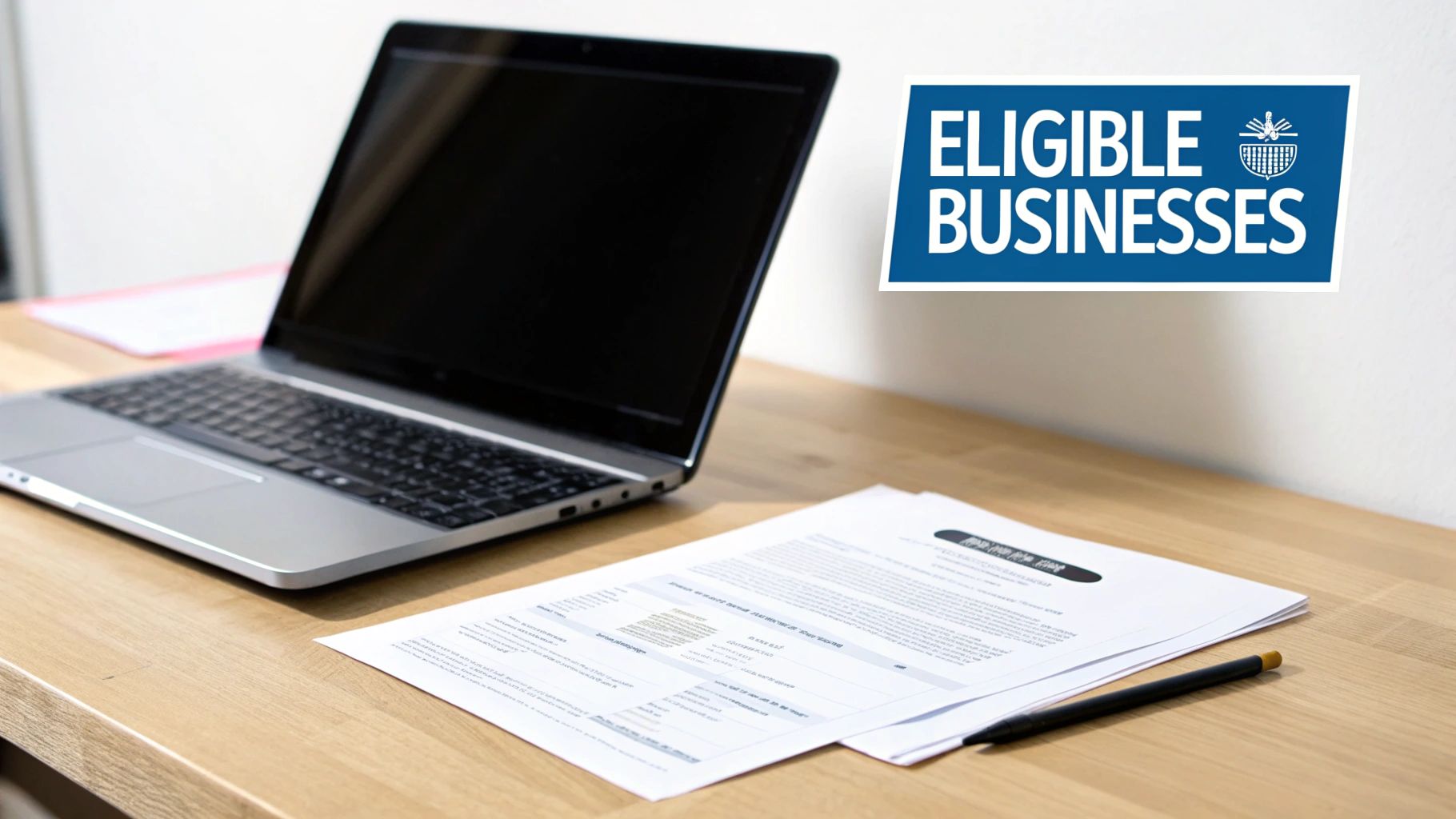 A laptop, papers, and a pen on a wooden desk with an 'Eligible Businesses' sign.