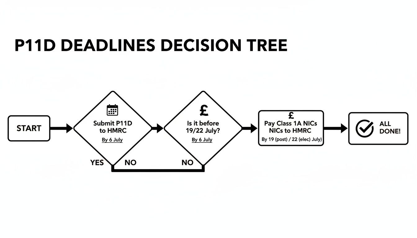 Flowchart illustrating P11D deadlines decision tree for submission and payment dates to HMRC.