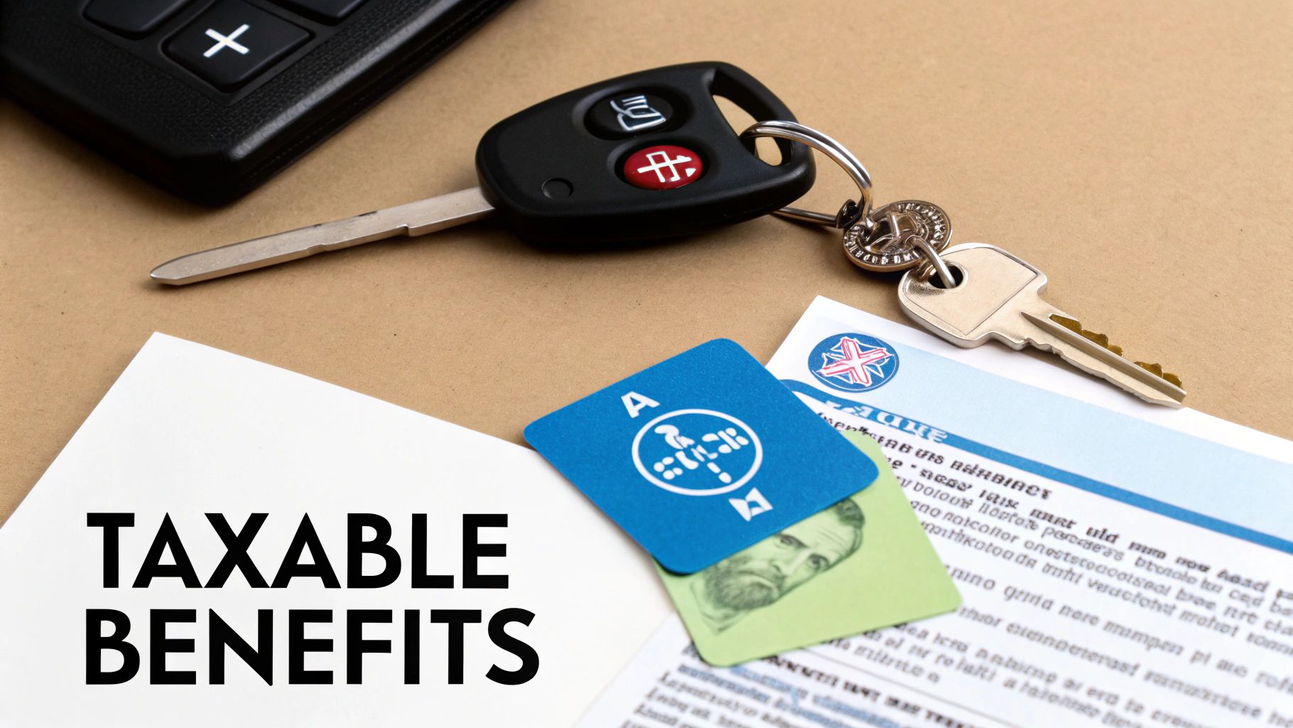 A flat lay shows car keys, a calculator, documents, and a paper with 'TAXABLE BENEFITS' written on it.