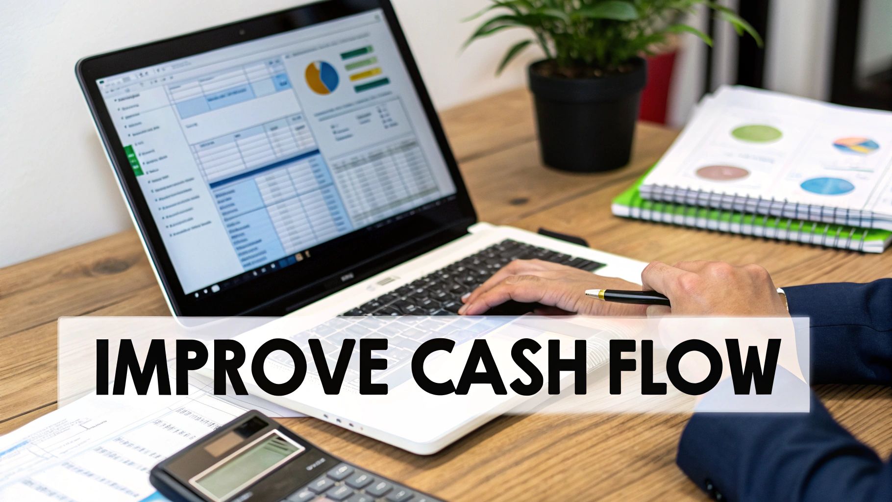 A person works on a laptop displaying financial charts and data with text 'IMPROVE CASH FLOW'.