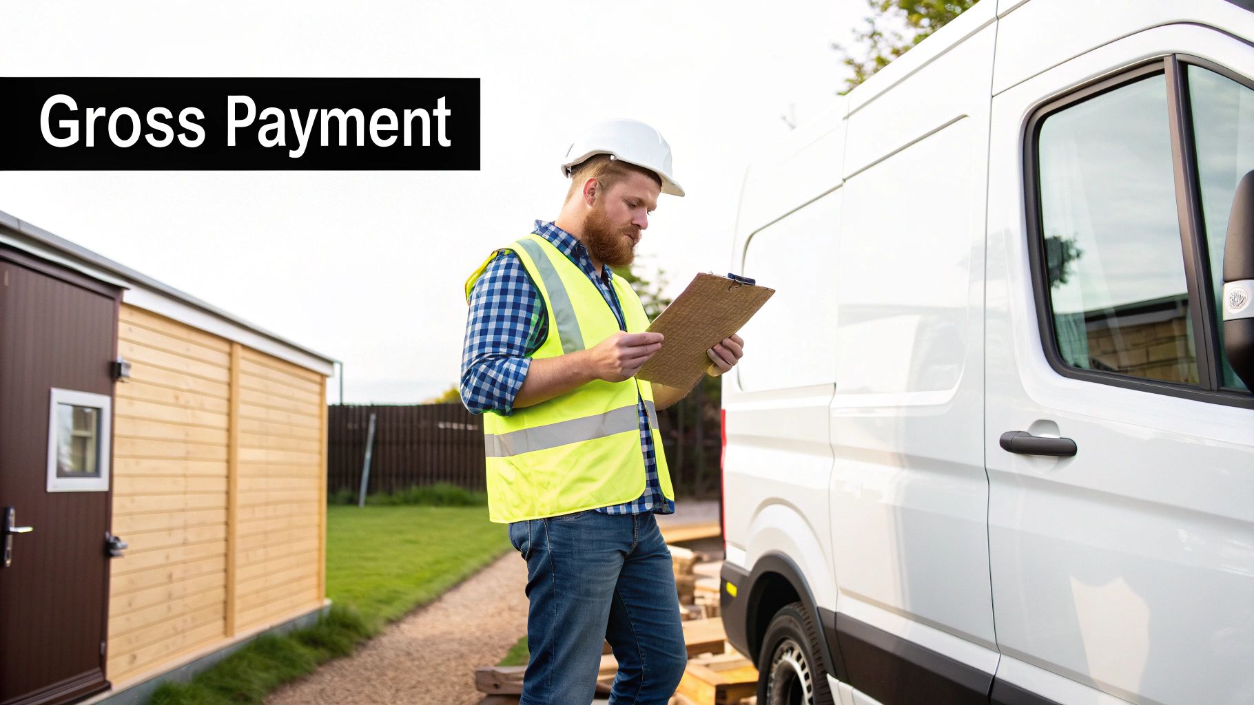 A construction worker smiling confidently while reviewing blueprints on a building site, symbolising financial control.