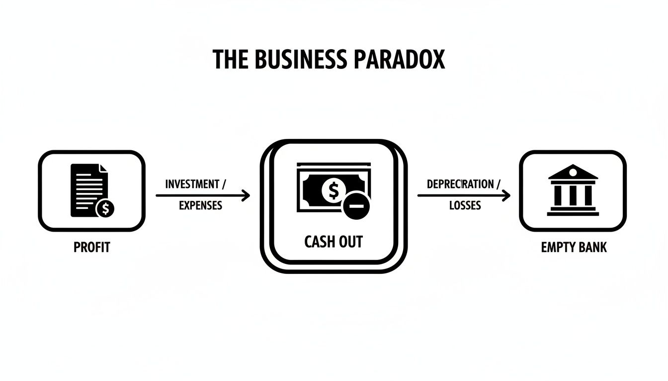 A diagram explaining the business paradox, showing profit, cash out, and an empty bank.