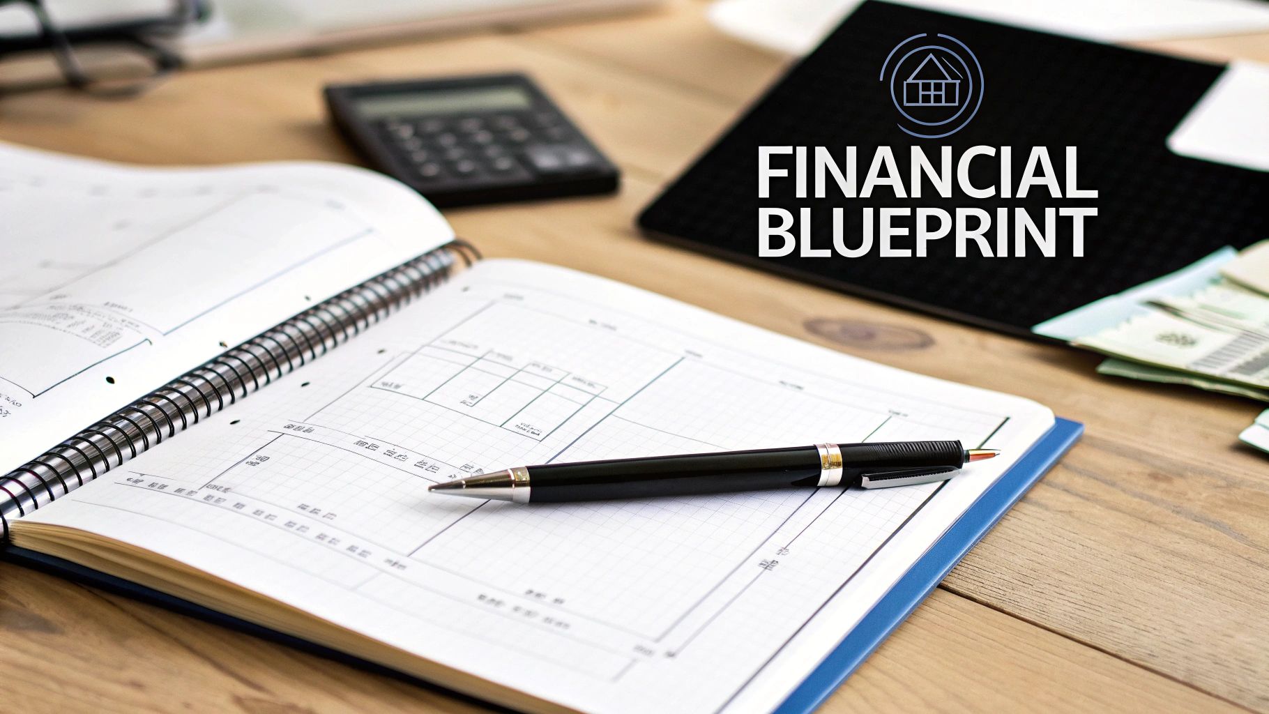 A desk with an open notebook, pen, calculator, and a tablet displaying 'FINANCIAL BLUEPRINT'.